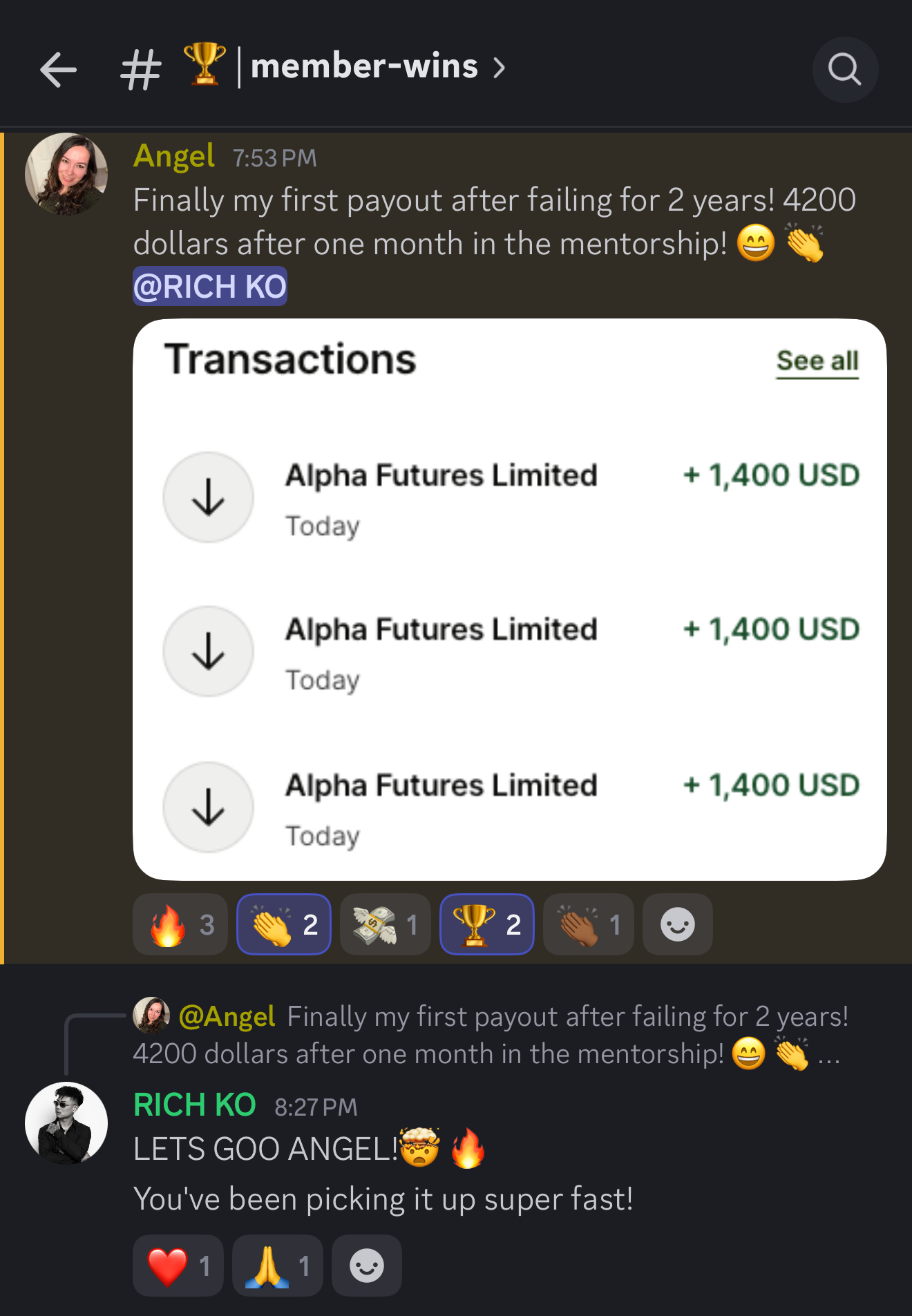 Student celebrating first $4,200 payout after one month in mentorship
