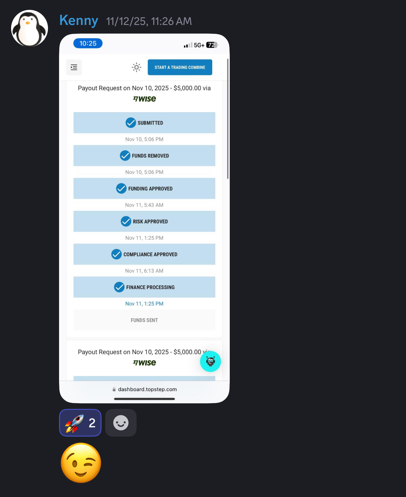 Kenny's $5,000 Topstep payout request progress via Wise