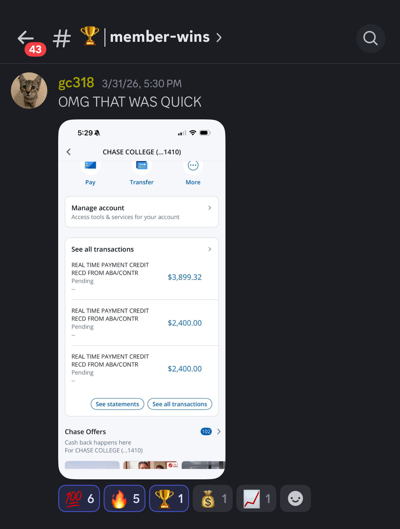 gc318's bank account showing multiple payout deposits