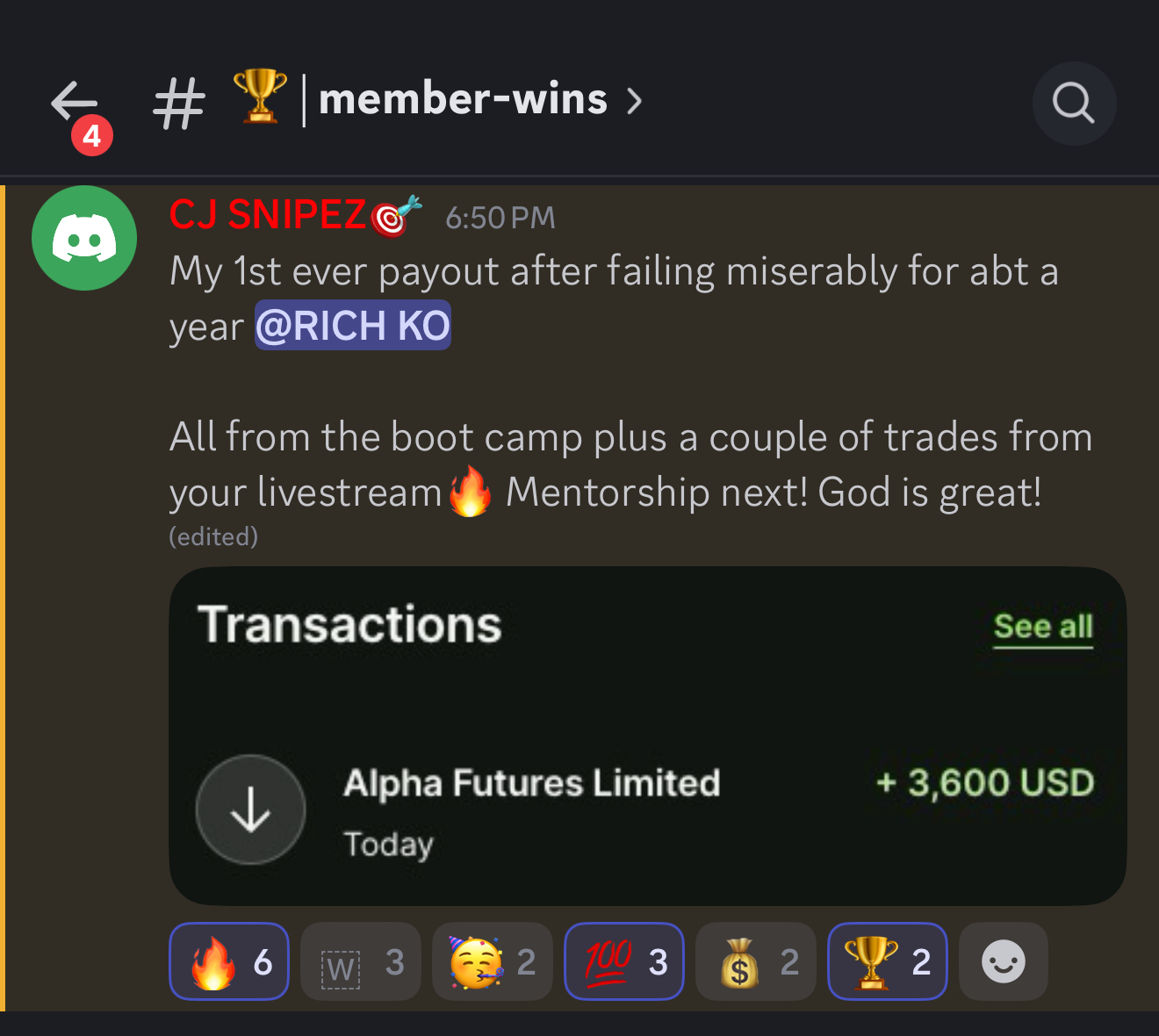 CJ's first ever payout after mentorship boot camp and livestream