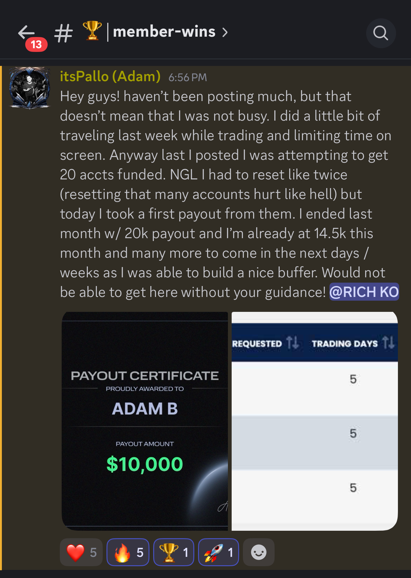 Student sharing a $10,000 payout certificate and trading day results