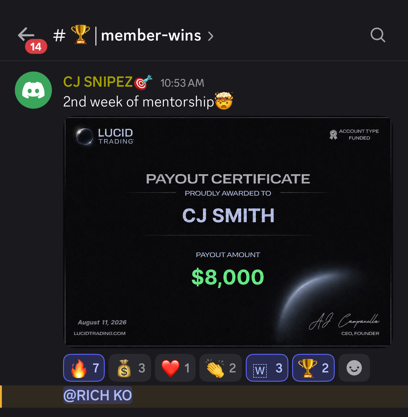 CJ Smith's $8,000 payout certificate in second week of mentorship