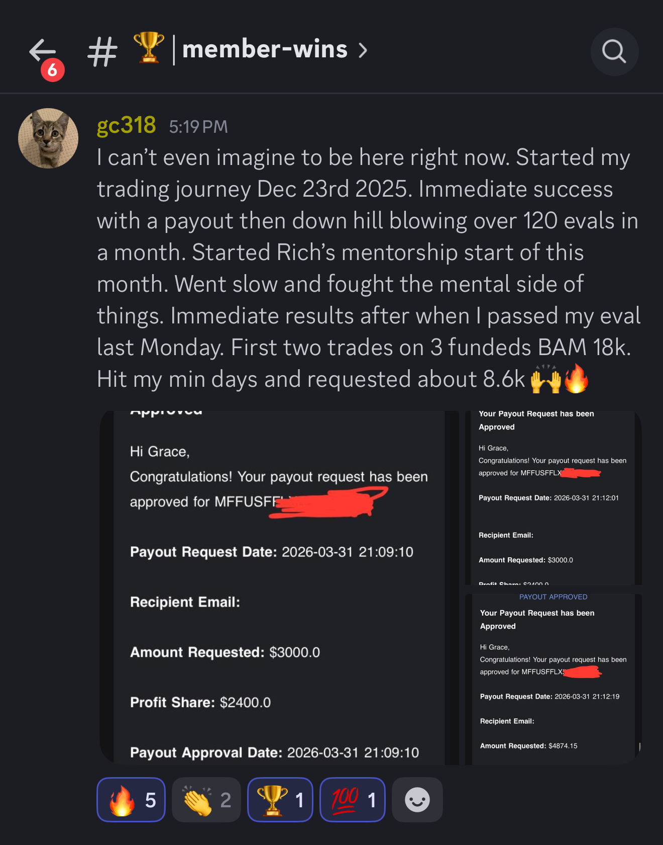 gc318 hitting $8,600 in approved payouts after mentorship