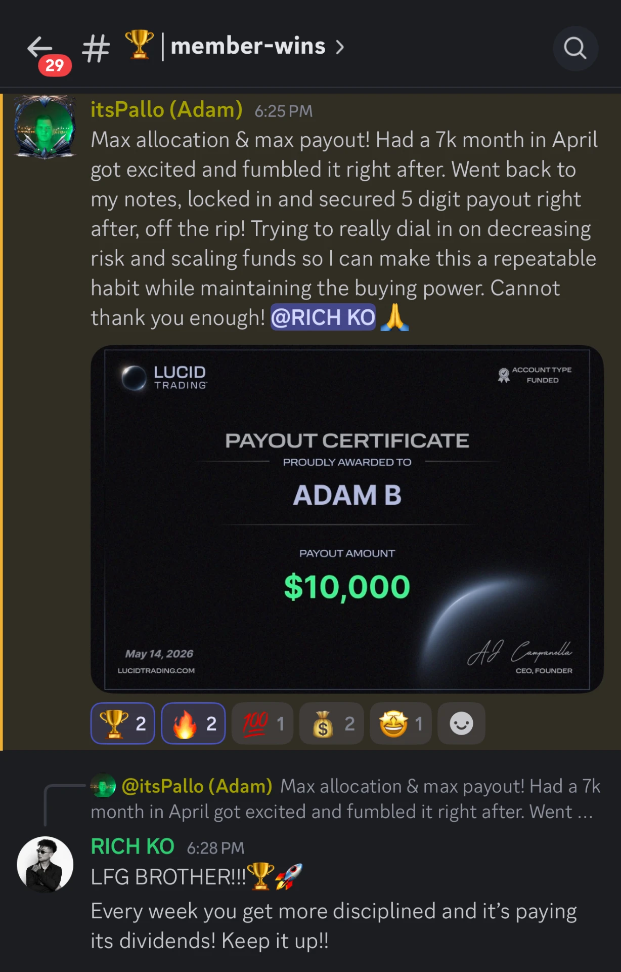 Student payout certificate and Discord win celebrating a $10,000 payout
