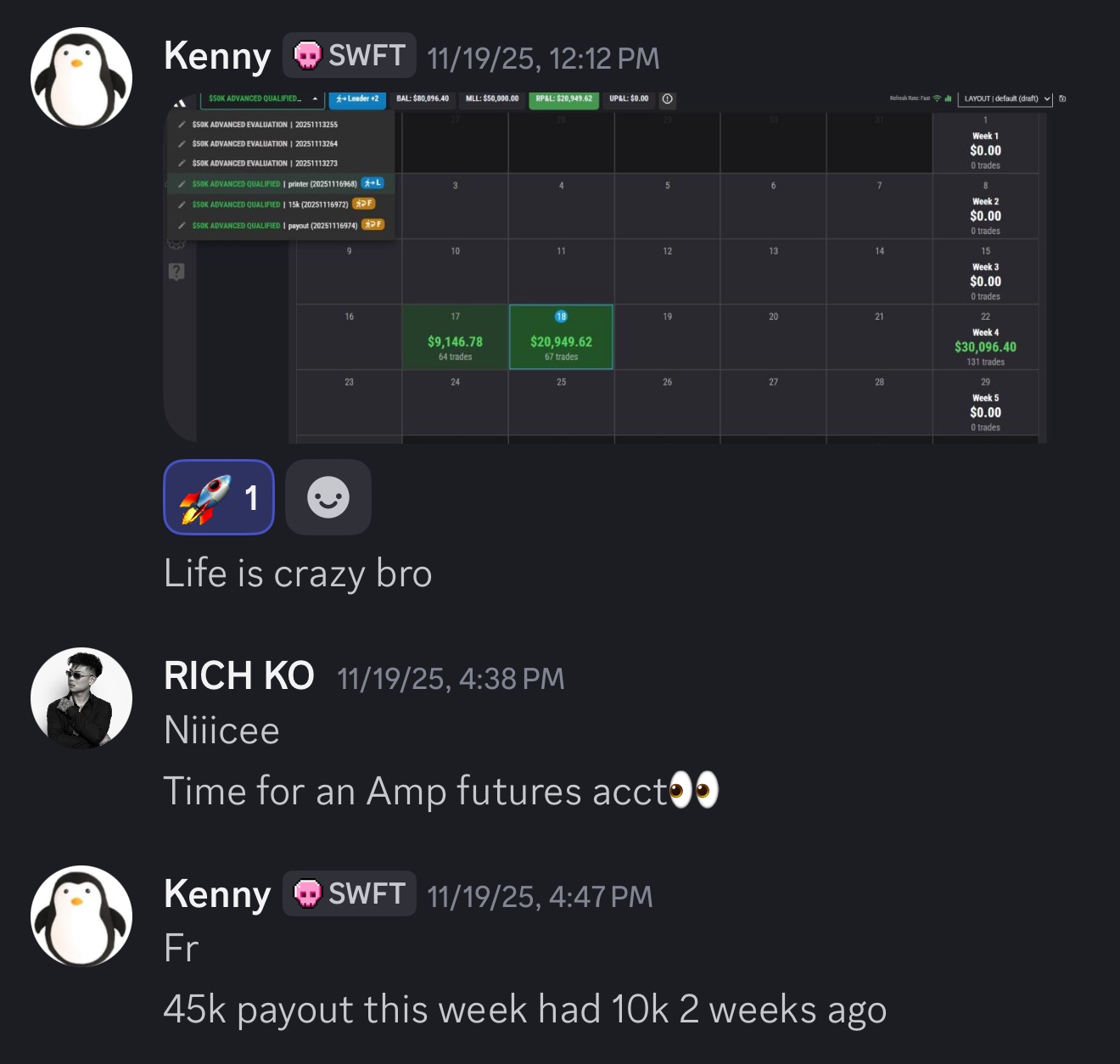 Kenny celebrating a $30,000 trading day en route to $45,000 payout