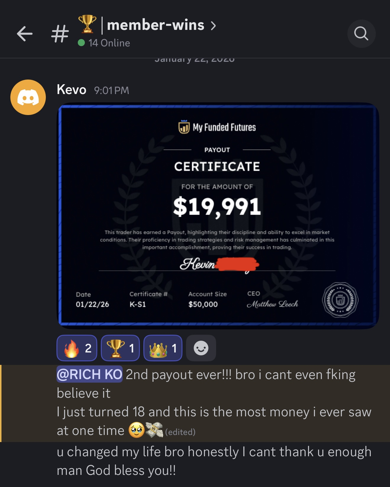 Kevo's second $19,991 payout certificate at 18 years old