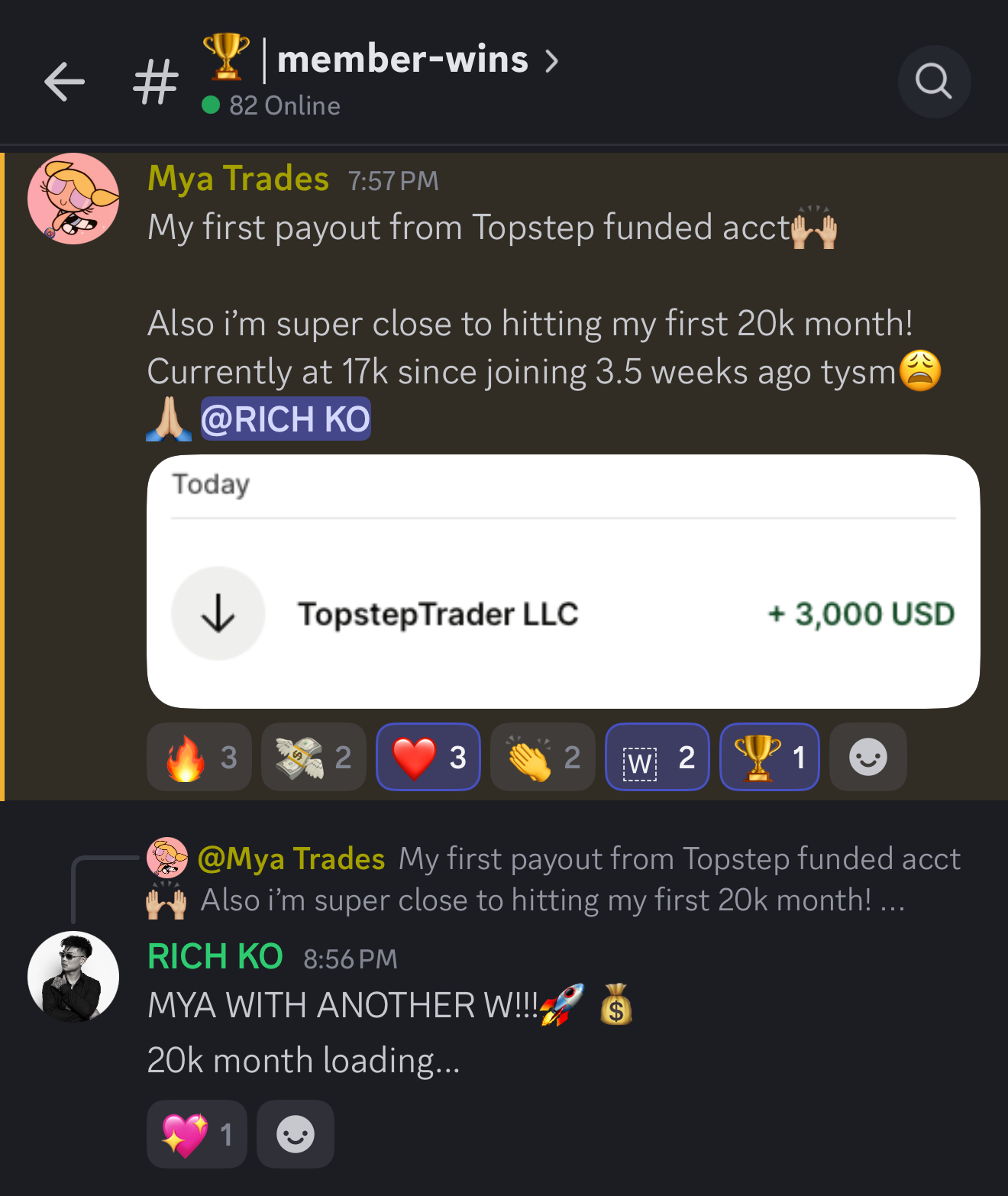 Mya's first $3,000 Topstep payout on the way to a $20,000 month