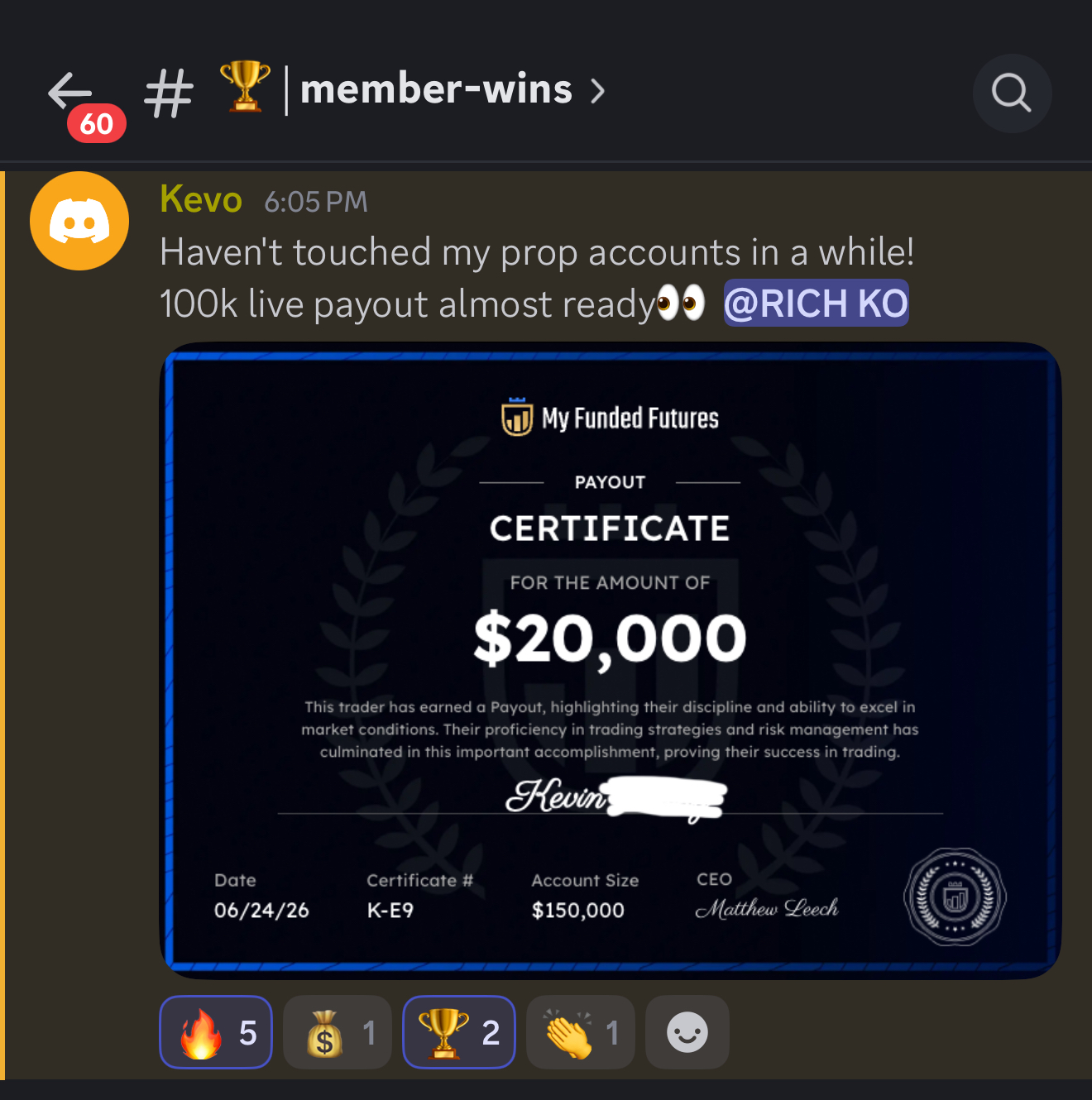 Kevo's $20,000 My Funded Futures payout certificate