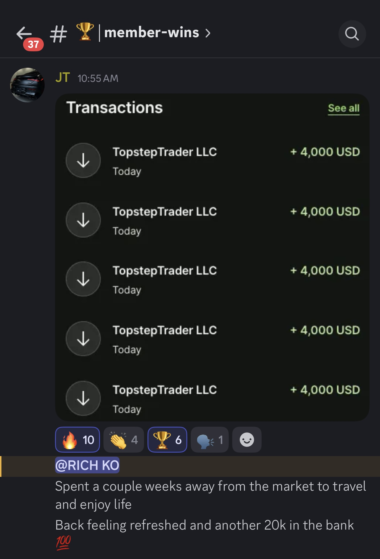 JT's $20,000 after travel break with TopstepTrader withdrawals