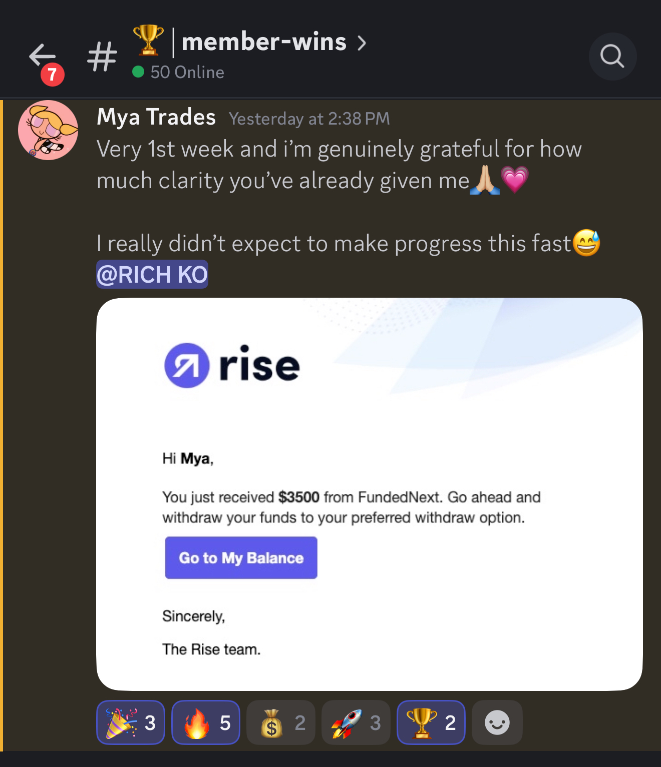Mya's first week payout of $3,500 from FundedNext