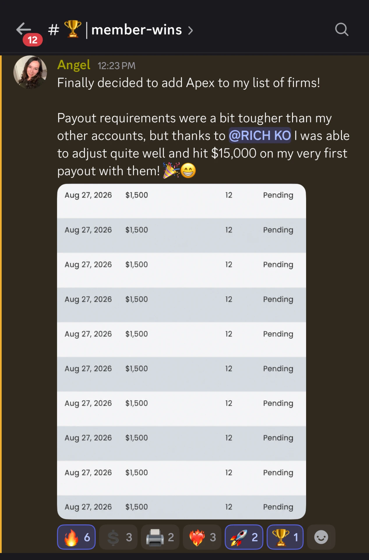 Student showing $15,000 first payout breakdown with Apex