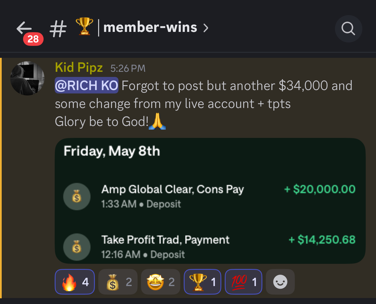 Kid Pipz $34,000 payout from live account