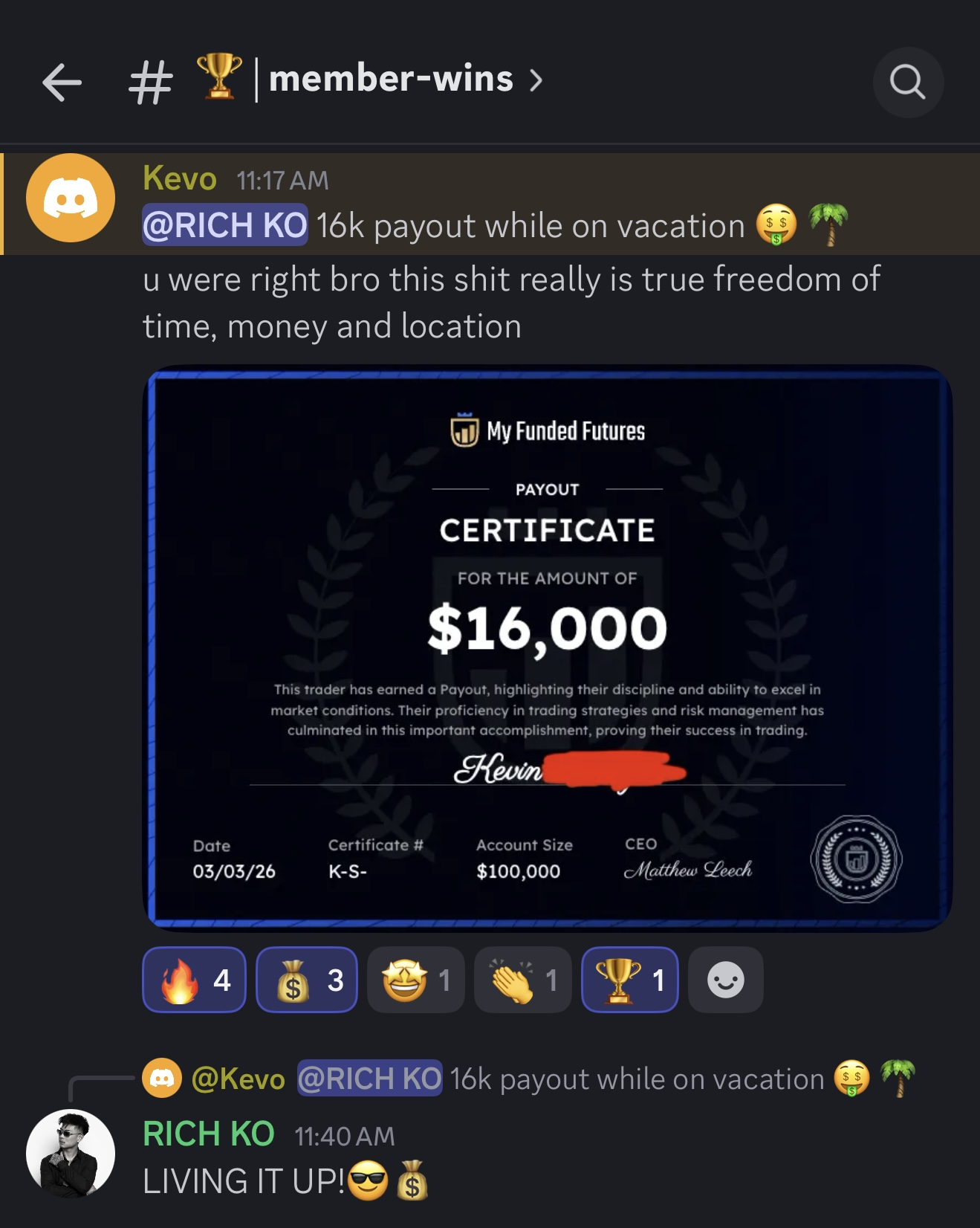 Kevo's $16,000 vacation payout certificate