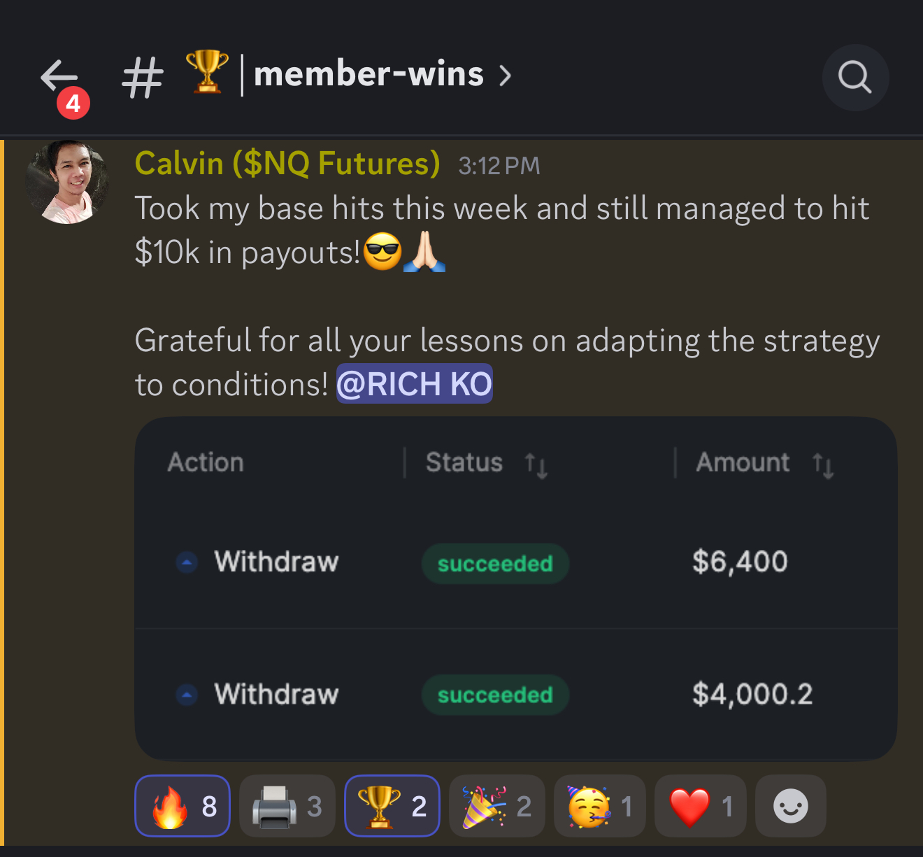 Student showing $10,000 weekly payout withdrawals