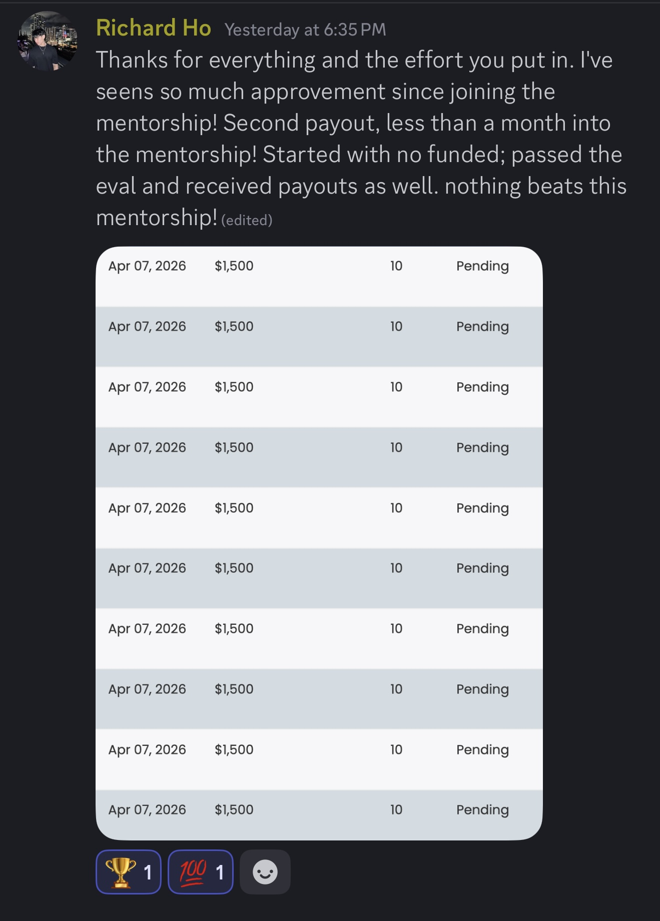 Richard Ho's second payout with $1,500 pending withdrawals
